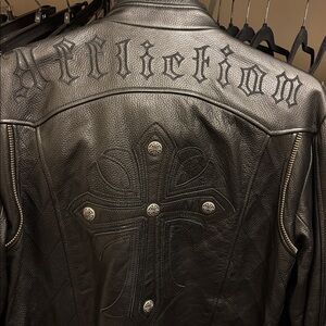 EUVC AFFLICTION Crucifix Cross limited edition stud heavy LEATHER MOTO JACKET XL